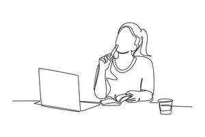 Single continuous line drawing beauty young female employee sitting on her chair and thinking of solution for her unfinished work. Think smart concept. One line draw graphic design illustration vector