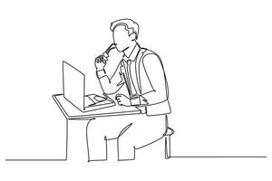 Single continuous line drawing young manager focus thinking and holding his chin using hands while sitting in front of computer. Business idea concept. One line draw graphic design illustration vector