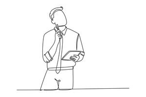 Continuous one line drawing of young manager focus thinking about his career, continuity in company after promotion. Successful career path concept. Single line draw design graphic illustration vector