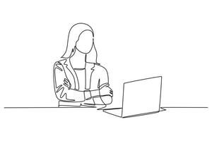 Single one line drawing of young female startup founder sitting in front of computer thinking of sales strategy for company. Marketing strategy. Continuous line draw design graphic illustration vector