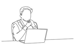 Continuous one line drawing of young startup CEO thinking about company growth while looking at annual report on computer screen. Business analysis. Single line draw design graphic illustration vector