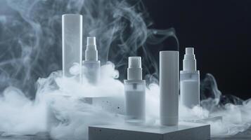 Minimalistic skincare in white and transparent plastic bottles surrounded by foggy. photo