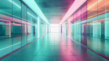 A long corridor with glass walls, blue and pink neon light, futuristic architecture. photo