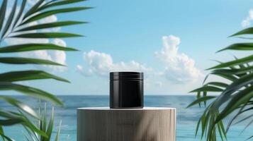 A matte black jar on an elegant wooden podium in front of the ocean with palm leaves. photo