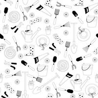 Seamless graphic pattern with garden tools pattern, bucket, shovel, pot with plant, watering hose, can, straw hat, gloves, trimmer and daisies. vector