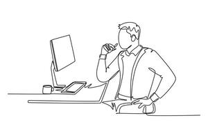 Single one line drawing young manager thinking seriously at his desk in front the monitor computer. Business innovation process concept. Modern continuous line draw design graphic illustration vector