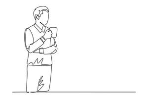 Continuous one line drawing young male worker standing and thinking about his work while holding cup of coffee during office break. Rest break concept. Single line design graphic illustration vector
