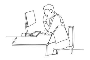 Single one line drawing of young startup CEO sitting at a chair and thinking while focusing on computer screen data. Business analyzing concept. Continuous line draw design graphic illustration vector