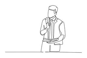 Continuous one line drawing young manager standing and looking up far away and thinking business strategy at the office. Business planning concept. Single line draw design graphic illustration vector