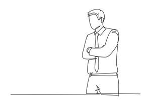 Continuous one line drawing of confused businessman standing and thinking. Focusing on finding solution to business failure. Think brightly concept. Single line draw design graphic illustration vector