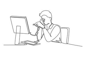 Continuous one line drawing of young tired male employee holding glasses while working in the office. Work fatigue because of work overload concept. Single line draw design graphic illustration vector