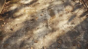 A top-down photography of a dirty driveway with a concrete texture. photo