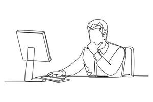 Single one line drawing young startup CEO sitting in front of computer and thinking seriously at the office. Business thinking concept. Modern continuous line draw design graphic illustration vector