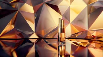 A high-end cosmetic product photograph featuring, placed against an abstract background with geometric patterns. photo