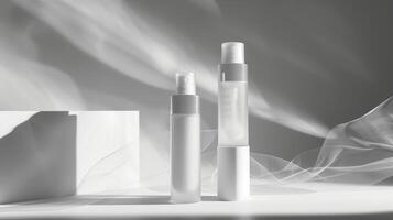 Minimalistic skincare in white and transparent plastic bottles surrounded by foggy. photo