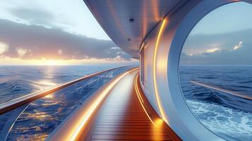 The wide aisle of the cruise ship with the seaside scenery. photo