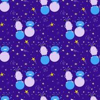 Seamless pattern with cute space aliens or monsters, happy and angry cosmic childrens characters on planets. vector