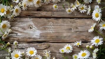 A background of vibrant white daisies scattered around a rustic wooden surface. photo