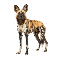 A wild dog, African in origin, stands in front of a plain white backdrop, a african wild dog isolated on transparent background png