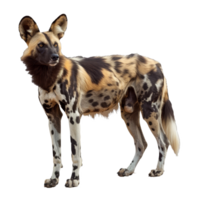 African wild dog standing in front of a white backdrop, a african wild dog isolated on transparent background png