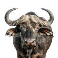 un' bufalo con degno di nota corna sta nel davanti di un' sfondo, un' africano bufalo isolato su trasparente sfondo png