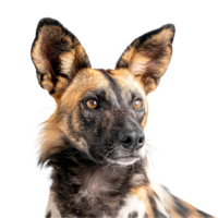 A detailed view of an African wild dog against a plain white backdrop, a african wild dog isolated on transparent background png