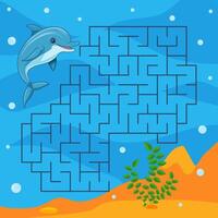 Children's game labyrinth on the theme of the underwater world. Help the dolphin find the right path. vector