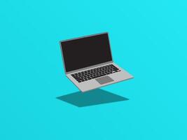 Realistic perspective front laptop with keyboard isolated incline 45 degree. Computer notebook with black screen template. Front view of mobile computer on blue background. Digital equipment cutout. vector