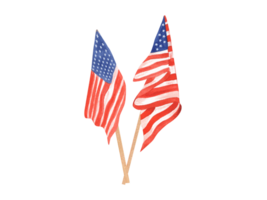 twee Verenigde Staten van Amerika Amerikaans vlaggen gekruiste samen. nationaal symbolen. golvend vlag Aan gouden vlaggenmast. gedenkteken dag, onafhankelijkheid dag. waterverf illustratie png