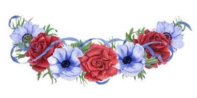 Remembrance Day floral wreath. Red rose and blue anemones. Blue ribbon wrapping around floral bouquet. Memorial day, Independence day. Garden flowers, leaves. Watercolor illustration for patriot card png