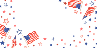 amerikanisch Flaggen und Sterne. winken USA National Flaggen auf Fahnenstange. Sterne im patriotisch Farben. horizontal Rahmen mit leeren Raum. Denkmal Tag, Unabhängigkeit Tag. Aquarell Illustration png