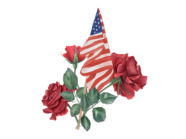 Deep red roses with USA waving flag. Garden red flowers. Commemorative composition. American national holiday. Memorial day, Independence day. Watercolor illustration. For posters, greeting png