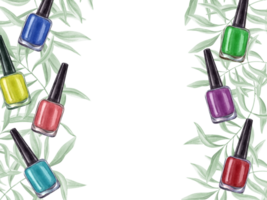 Nail polish bottles in contrasting bright colors. Multicolored manicure accessories against background of leaves. Frame with copy space for text. Watercolor illustration. png