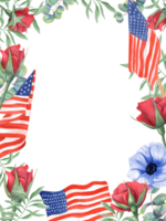Roses and anemones with American flags. Red, blue flowers with green leaves. Floral vertical frame with empty space for text. Memorial day, Independence day, Remembrance Day. Watercolor illustration png