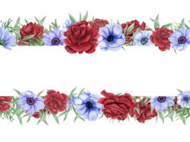 Roses and anemones. Red, blue flowers with green eucalyptus leaves. Floral horizontal frame with empty space for text. Memorial day, Independence day, Remembrance Day. Watercolor illustration png