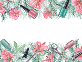 Horizontal frame with manicure tools and winter plants. Nail polish, steel scissors, nail clipper, pusher and nipper. Copy space for text. Pink flowers and green spruce branch. Watercolor illustration png