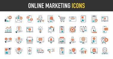 Online marketing icons set. Such as web development, optimization, target audience, email, invoice, free delivery, product, gift, advertising, article, like, social media icon illustration vector