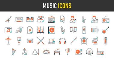 Music instrument icons set. Such as strings, winds, keyboards, percussion, guitar, equalizer, store, dj controller, casette, app, drumstick, cymbals, saxophone, earphones icon illustration vector