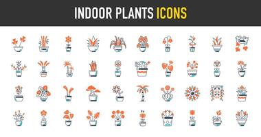 Indoor plants in flower pot icons set. Such as vases, spider, coconut, palm, violet, aloe, tulips, bamboo, bonsai, cactus, money plant, jade, jasmine, lotus, orchid, saffron set illustration. vector