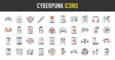 Cyber punk icon set. Such as protection, secured network, drone, mask, screen, noodles, gun, implant, hand, database, headphone, corporate, aircraft, katana, hacker technology illustration. vector