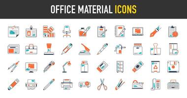 Office material icons. Such as glue, notebook, material, pen, scissors, stapler, ruler, eraser. Office tools and equipment icon set for education. Stationers shop accessories vector