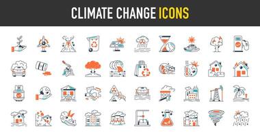 Climate change icon set. Such as global warming, greenhouse, melting ice, oil, explosion, tsunami, fuels, world, recycle, bag, planting, flood, pollution, water earth pollution, disaster icons vector