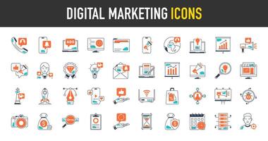 Digital marketing icon set. Such as seo, content, website, social media, sales, online advertising, notification, contact, viral, wifi, discount, survey, increase, global icons collection vector