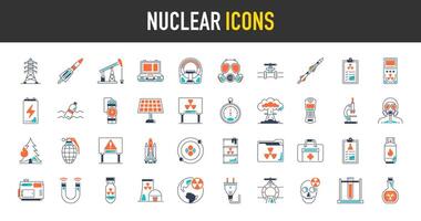 Nuclear and energy icon set. Such as tower, gas mask, suitcase, pipeline, tank, first aid kit, hazmat, fuel, danger, missile, formula, dosimeter, explosio, generator electricity weapon icons vector