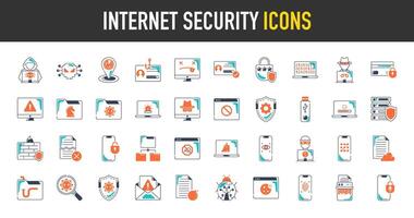 Internet seguridad íconos colocar. tal como iot, Internet de cosas, error, pago, detección, desbloquear, pirata informático, respaldo, suplantación de identidad, escanear, ladrón, anti virus, base de datos, cibercrimen icono ilustración. vector