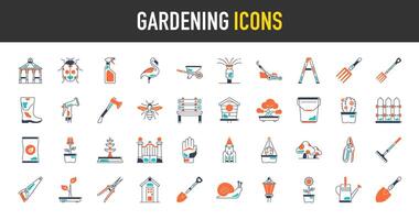 jardinería icono colocar. tal como escalera, Kiosko, calle lámpara, abeja, horca, cobertizo, cactus, flamenco, manguera, hacha, banco, bonsái, mariquita, caracol, girasol, pájaro, casa, botas, Cubeta ilustración. vector