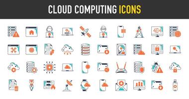 Cloud computing icons set. Such as technology, data center, connection, network, digital, database platform, support, satellite, system, security, server, router, hosting illustration icon. vector