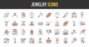 Jewelry icons set. Such as ring, necklace, bracelet, online store, wristwatch, truck, pickaxe, caliper, shopping bag, helmet, diamond, mine cart, delivery, pickaxe, caliper, crown, pearl, miner icon. vector