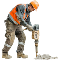 Male project worker using demolition hammer machine, transparent background png