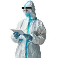 Lab worker in protective clothing holding tablet, transparent background png